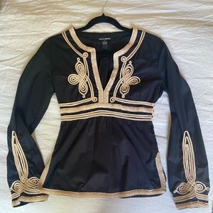LUCKY BRAND BLACK AND TAN SOUTACHE TRIM BOHO TOP